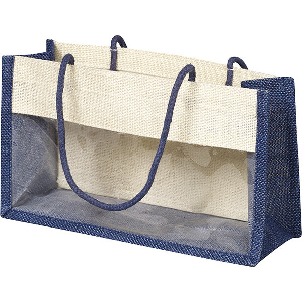 Sac toile de jute bleu/crème fenêtre PVC anses corde