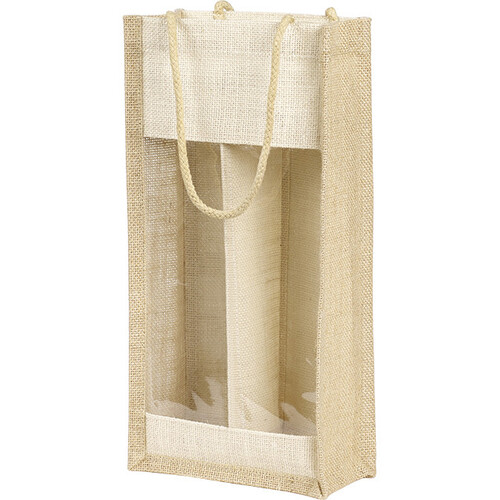 Sac toile de jute 2 bouteilles nature/crème fenêtre PVC anses corde/séparation