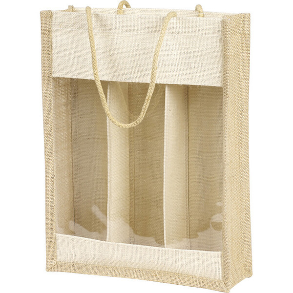 Bag burlap 3 bottles natural/cream burlap PVC window cord handles/divider