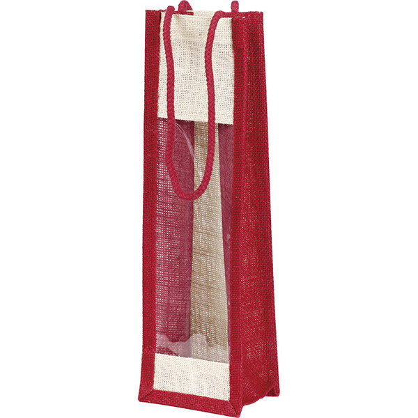 Bolsa yute 1 botella rojo/crema ventana PVC asas cuerda