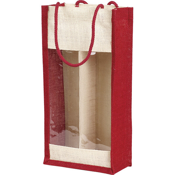 Bag burlap 2 bottles red/cream burlap PVC window cord handles/divider