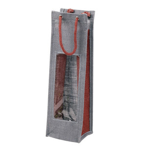 Grey/burgundy jute bag for 1 bottle with transparent PVC...
