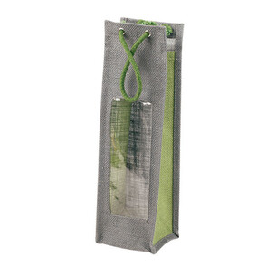 Sac toile de jute 1 bouteille vert/gris fenêtre PVC anses...