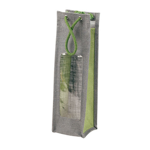 Saco de juta com janela PVC 1 garrafa bicolor verde/cinza asas corda