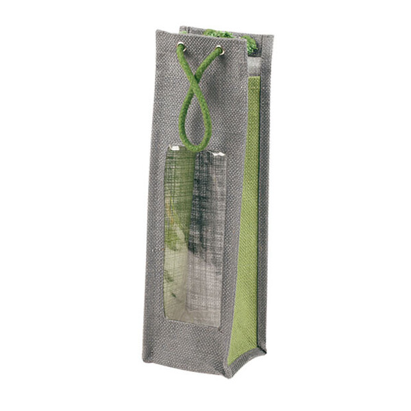 Grey/green jute bag for 1 bottle with transparent PVC window with cotton rope handle