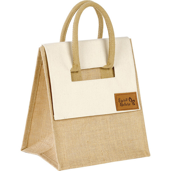 Bolsa tela de yute/algodón rectangular crudo/natural etiqueta cuero asas algodón
