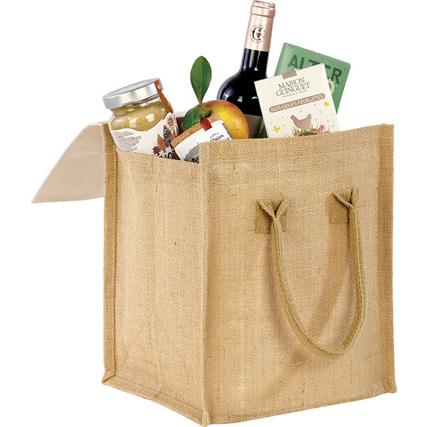 Sac toile de jute/coton rectangle écru/naturel étiquette cuir anses coton