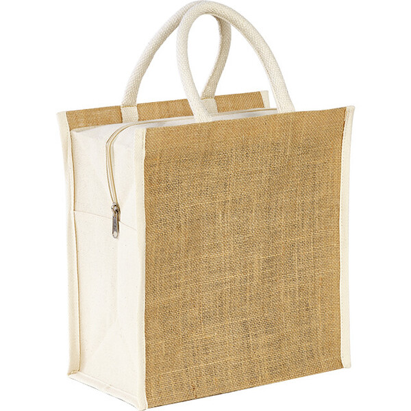 Sac toile de jute/coton rectangle écru/naturel fermeture zip anses coton