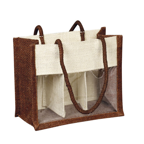 Bolsa tela de yute marrón/crema ventana PVC/asas cuerda/separador