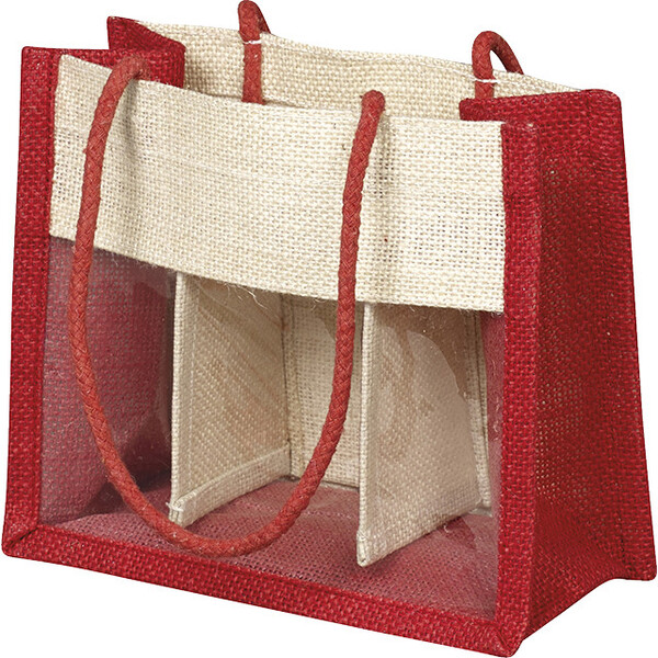 Sac toile de jute rouge/crème fenêtre PVC/anses corde/séparation-Les Bonnes Affaires 2026