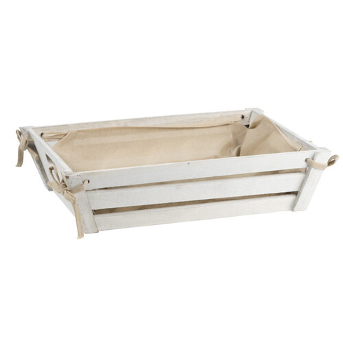 Corbeille bois rectangle coloris blanc intérieur tissu beige poignées