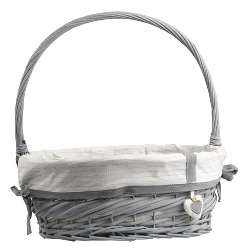 Cesta mimbre ovalada gris tejido blanco borde gris asa fija