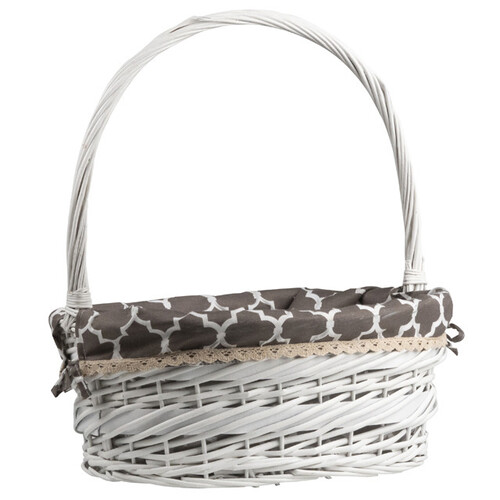 Basket wicker oval white brow/white fabric beige edge fixed handle