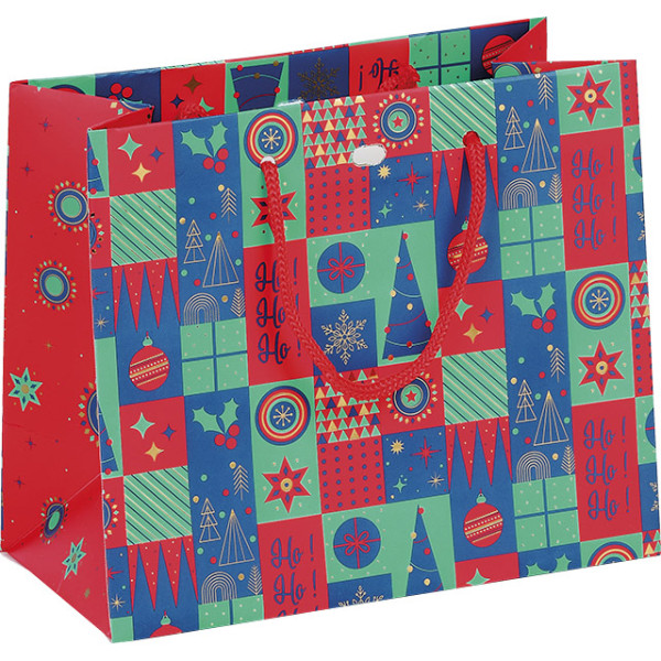 Bolsa papel MOSAICO FESTIVO verde/rojo/oro asas cordón rojo ojal