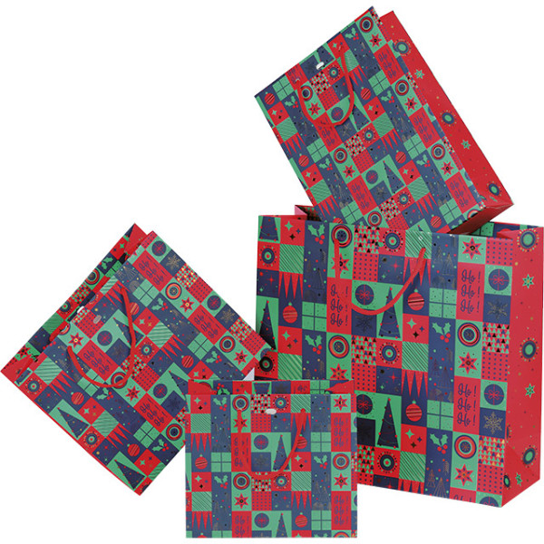 Bolsa papel MOSAICO FESTIVO verde/rojo/oro asas cordón rojo ojal