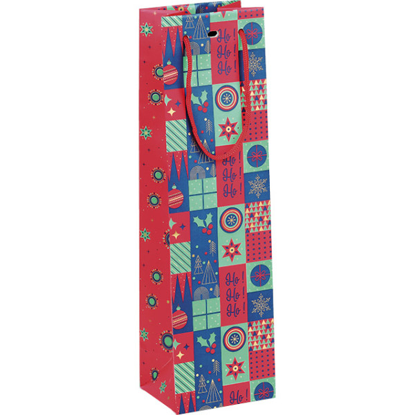 Bolsa papel 1 botella MOSAICO FESTIVO verde/rojo/oro asas cordón rojo ojal