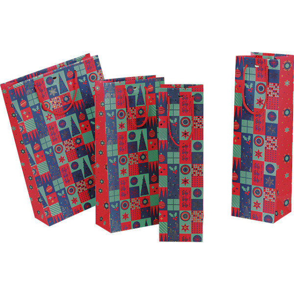 Bolsa papel 1 botella MOSAICO FESTIVO verde/rojo/oro asas cordón rojo ojal