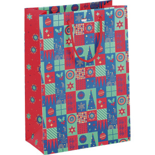 Sac papier MOSAIQUE FESTIVE vert/rouge/or poignées corde...