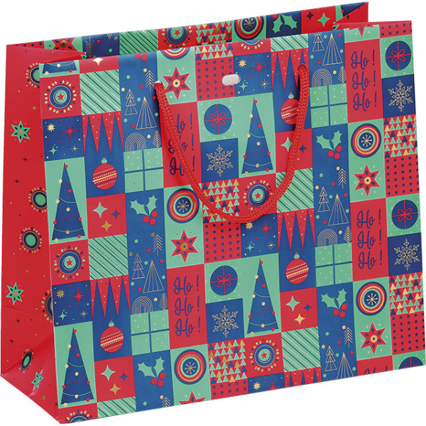 Bolsa papel MOSAICO FESTIVO verde/rojo/oro asas cordón rojo ojal