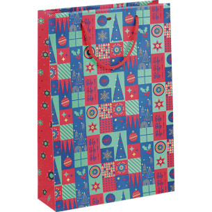 Bag paper 3 bottles CHRISTMAS MOSAIC green/red/gold cord...