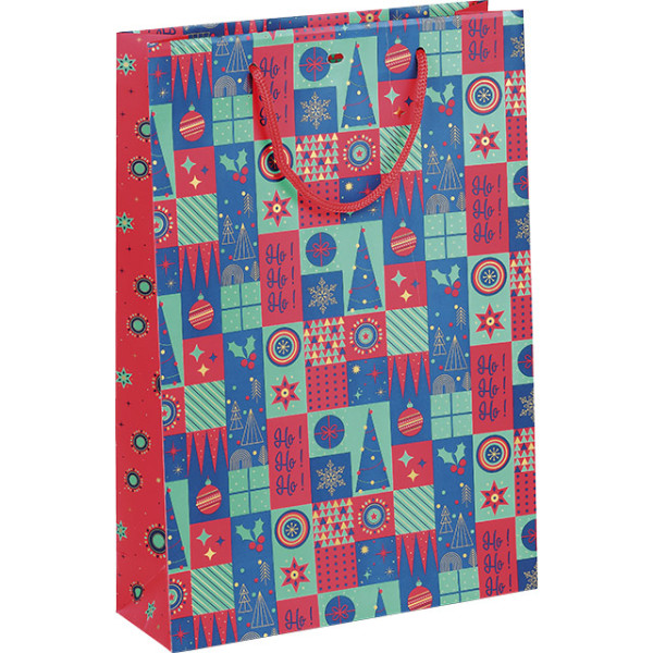 Sac papier 3 bouteilles MOSAIQUE FESTIVE vert/rouge/or poignées corde rouge intercalaire oeillet de ferm.