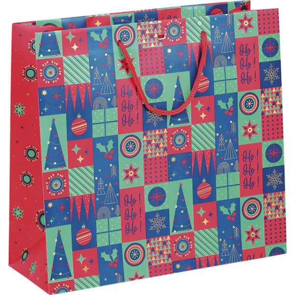 Saco papel MOSAICO FESTIVO verde/vermelho/ouro alças cordão vermelho ilhó