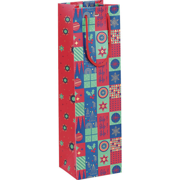 Saco papel 1 magnum MOSAICO FESTIVO verde/vermelho/ouro alças cordão vermelho ilhó