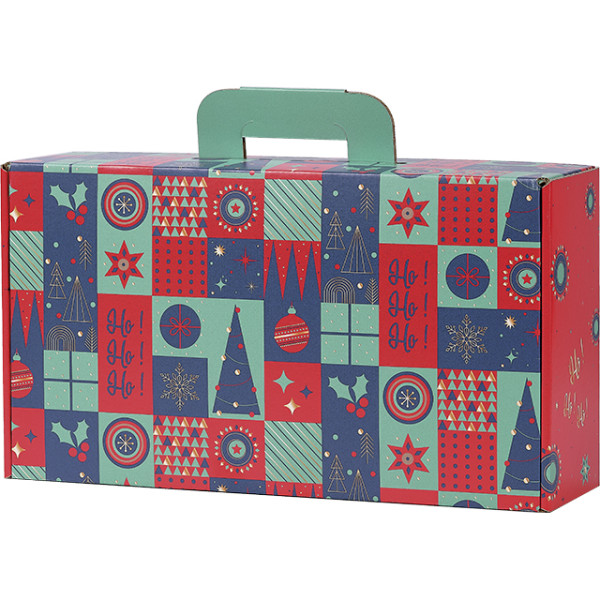 Valisette carton rectangle MOSAIQUE FESTIVE/vert/rouge/or