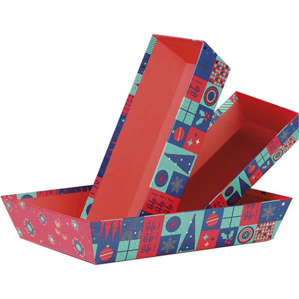 Corbeille carton rectangle MOSAIQUE FESTIVE/vert/rouge/dorure à chaud-Les Bonnes Affaires 2026