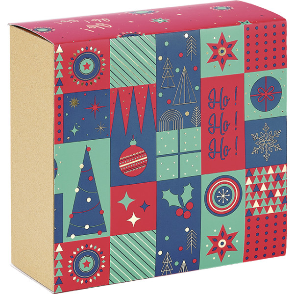 Caja cartón kraft cuadrada funda MOSAICO FESTIVO verde/rojo/estampación en caliente dorado entrega plana