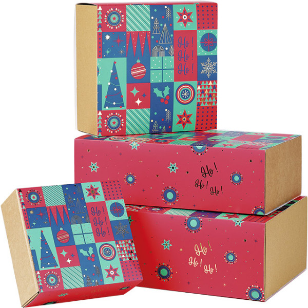 Caja cartón kraft rectangular funda MOSAICO FESTIVO verde/rojo/estampación en caliente dorado entrega plana