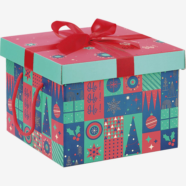 Coffret carton kraft carré MOSAIQUE FESTIVE/vert/rouge/dorure à chaud noeud satin/cordelettes rouge