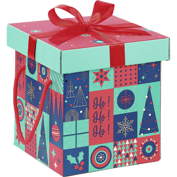 Coffret carton kraft carré MOSAIQUE FESTIVE/vert/rouge/dorure à chaud noeud satin/cordelettes rouge-Les Bonnes Affaires 2026