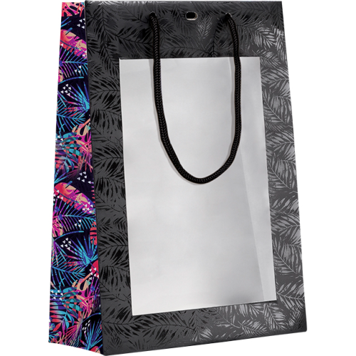 Sac papier noir/vernis sélectif/décor tropical fenêtre PVC poignées corde noire oeillet de fermeture