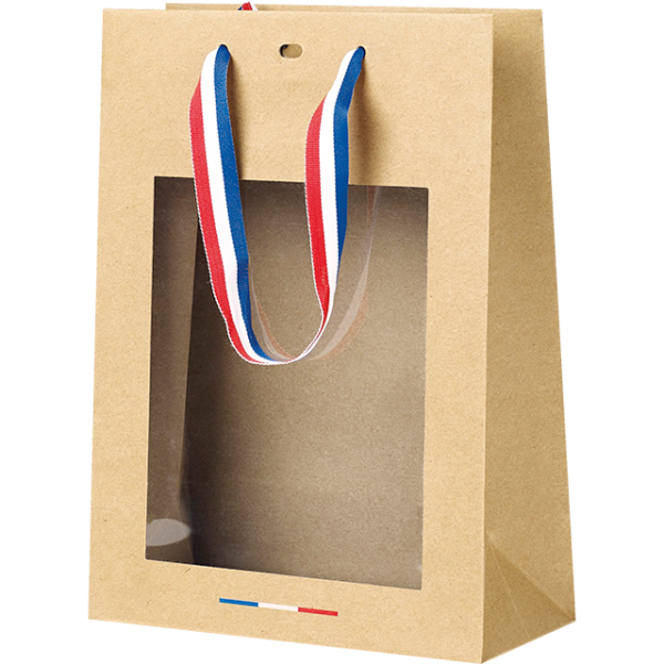Sac papier kraft fenêtre PET/poignées ruban bleu/blanc/rouge/oeillet de fermeture
