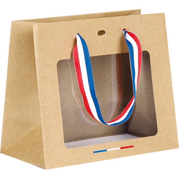 Bolsa papel kraft ventana PVC/asas azul/blanco/rojo/ojal