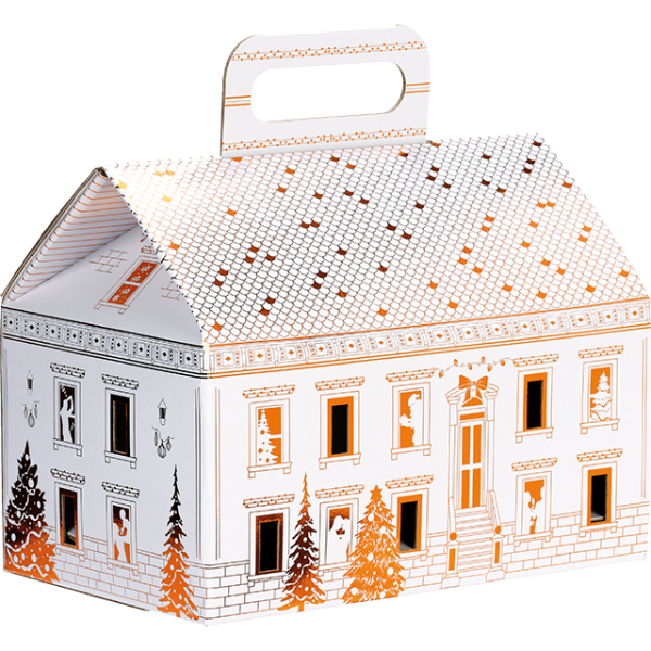 Caja cartón forma casa CIUDAD FESTIVA blanco/ estampación en caliente dorado asa