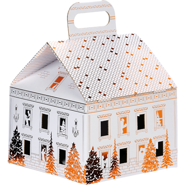 Coffret carton forme maison VILLE EN FETE blanc/dorure à chaud or poignée