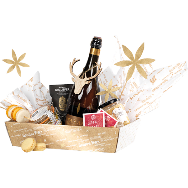Corbeille carton rectangle BONNES FETES Kraft/Blanc livrée à plat (dim corbeille montée)-Les Bonnes Affaires 2026