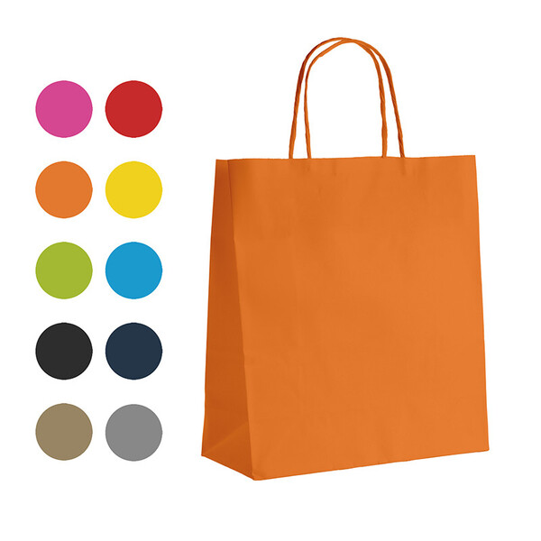 Sac papier kraft lisse orange 90g soufflets latéraux poignées torsadées colorées - Lot de 100 pièces