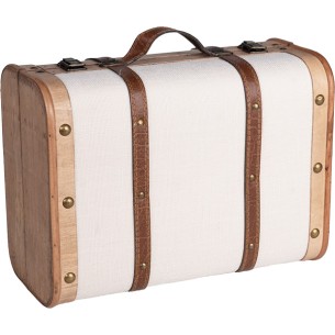 Coffret bois rectangle tissu beige sangles/poignée simili...