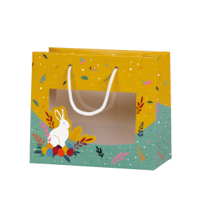 Bolsa papel CAZA DE DULCES amarillo/azul ventana PET asas...