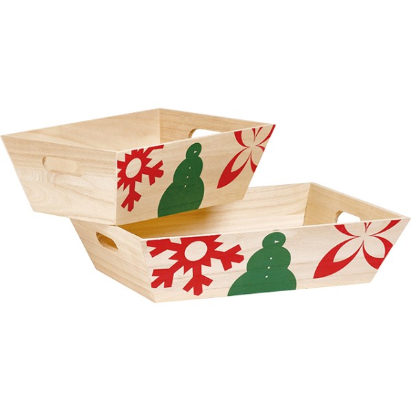 Tray wood rectangular NATURAL CHRISTMAS handles