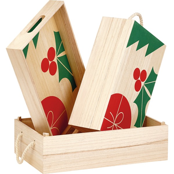 Box wood rectangular NATURAL CHRISTMAS rope handles lid-tray