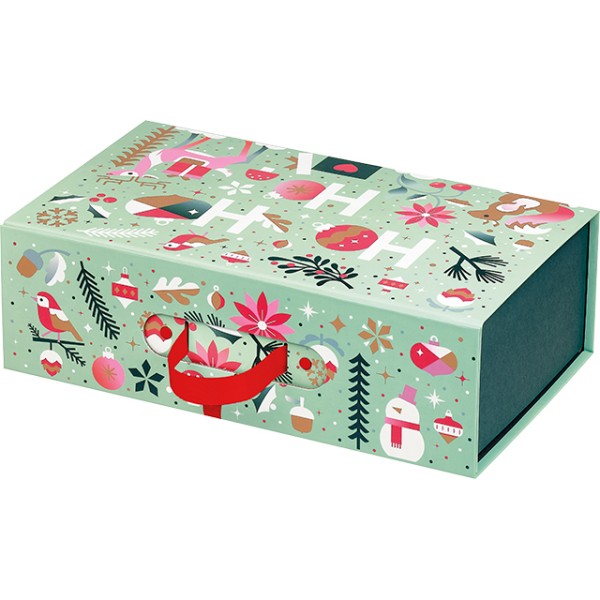 Coffret carton rect. JARDIN D'HIVER vert/blanc/rouge/rose/cuivre poignée ruban ferm. aimant fermoir simili cuir livr. à plat