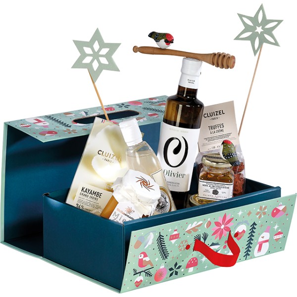 Caja cartón rect JARDÍN DE INVIERNO verde/blanco/rojo/rosa/cobre asa cinta cierre magn entr plana