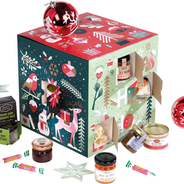 Coffret carton cube Calendrier Avent JARDIN D'HIVER vert/blanc/rouge/rose/cuivre 24 cases fenê. prédécoupées