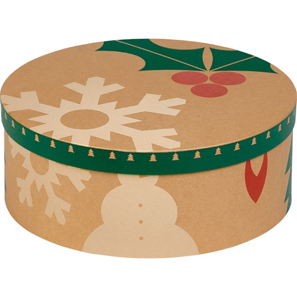 Caja cartón redonda NAVIDAD NATURAL kraft/rojo/verde