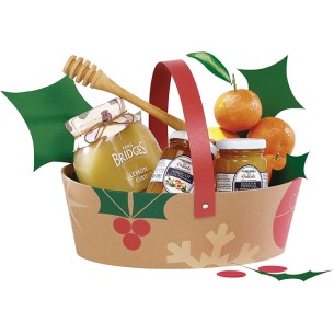 Basket cardboard oval NATURAL CHRISTMAS kraft/red/green...