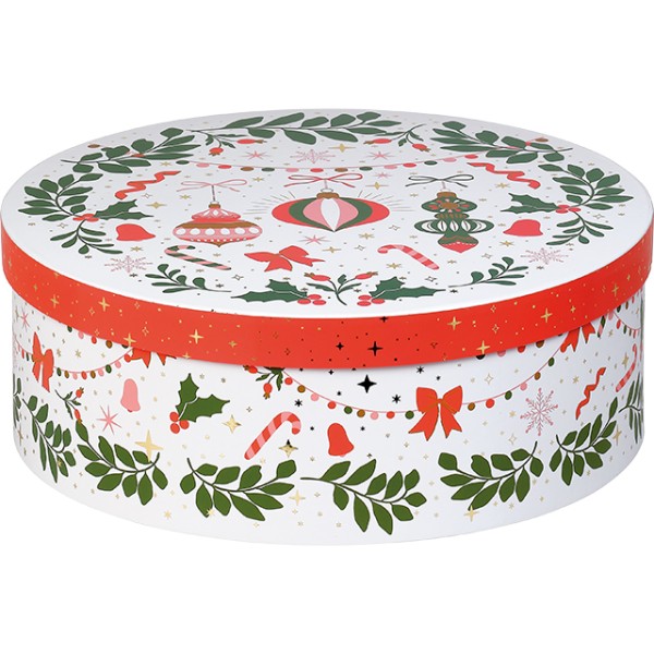 Caja cartón redonda ¡MUY PRONTO SERÁ NAVIDAD! verde/rojo/rosa/estampación caliente oro